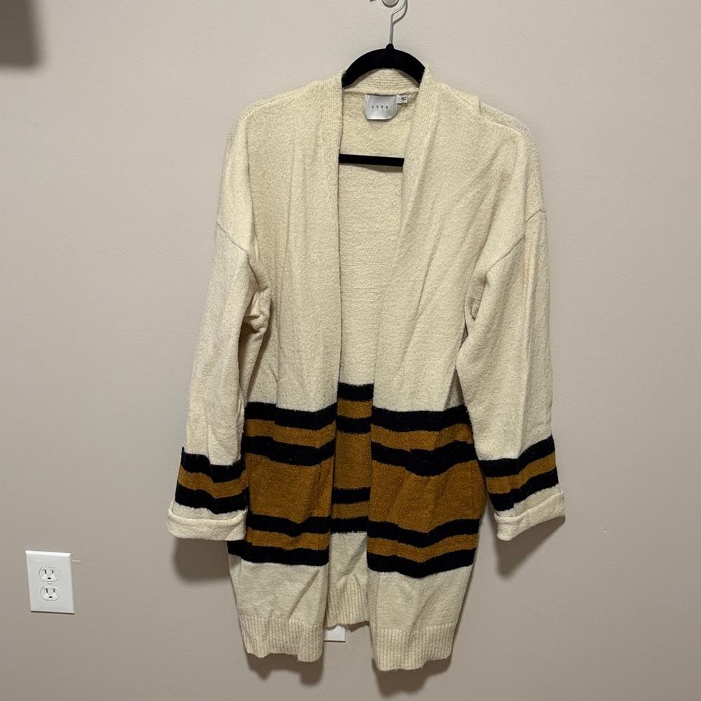 Lush Cream Open-Front Cardigan with Black and Brown Stripes